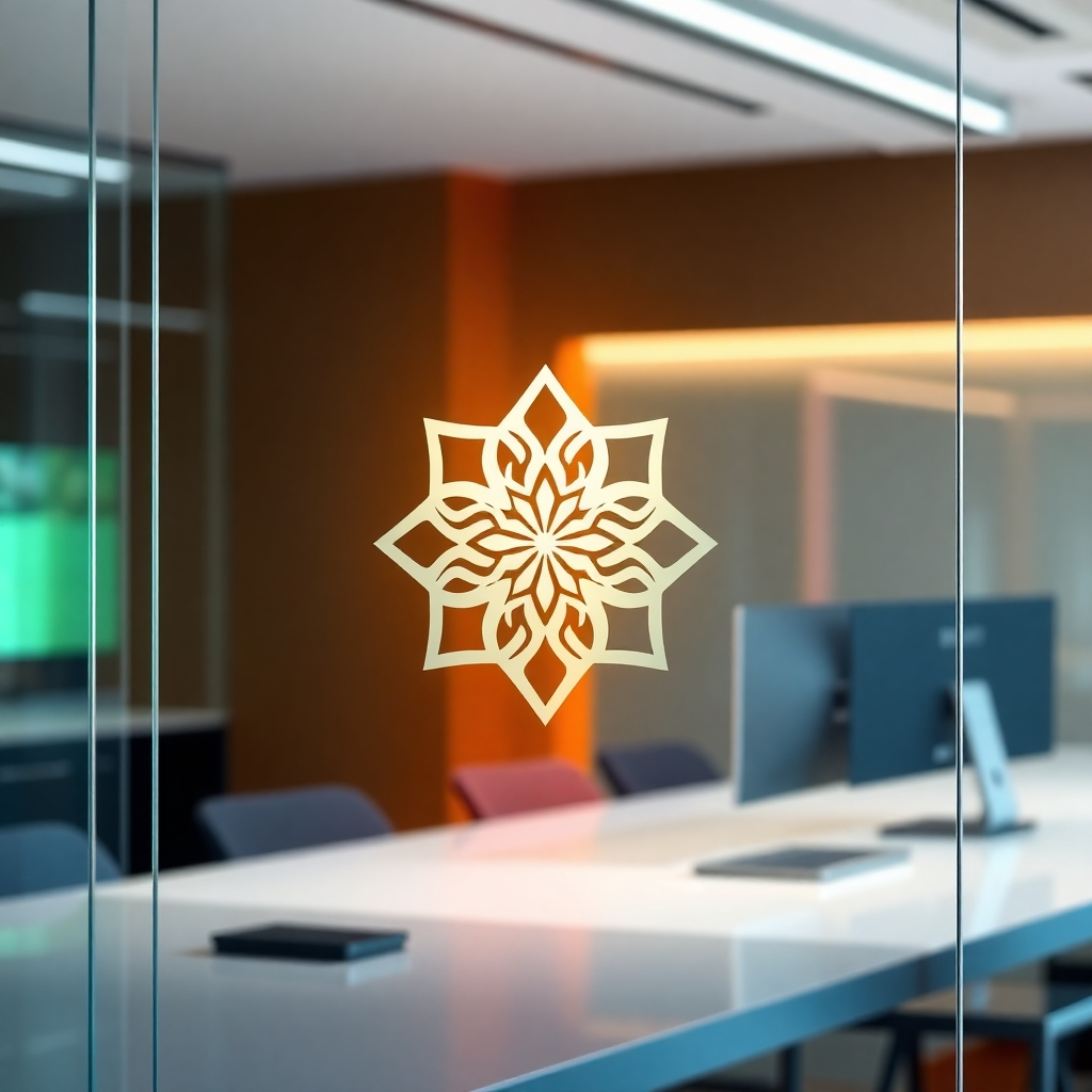 Create a photorealistic image of a translucent glass panel showcasing a layered logo design. The logo should have intricate patterns, with light filtering through, casting colorful reflections and shadows. The background should be a sleek, modern workspace.