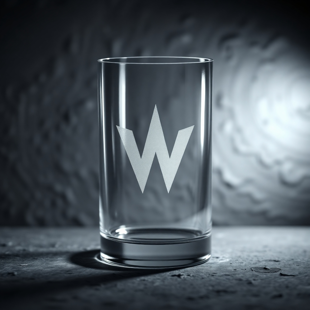 Design a high-quality image of a beautifully engraved glass logo. The logo should be prominently displayed on a textured background, emphasizing the engravings' depth. The lighting should highlight the engraved details, creating shadows that enhance the visual.