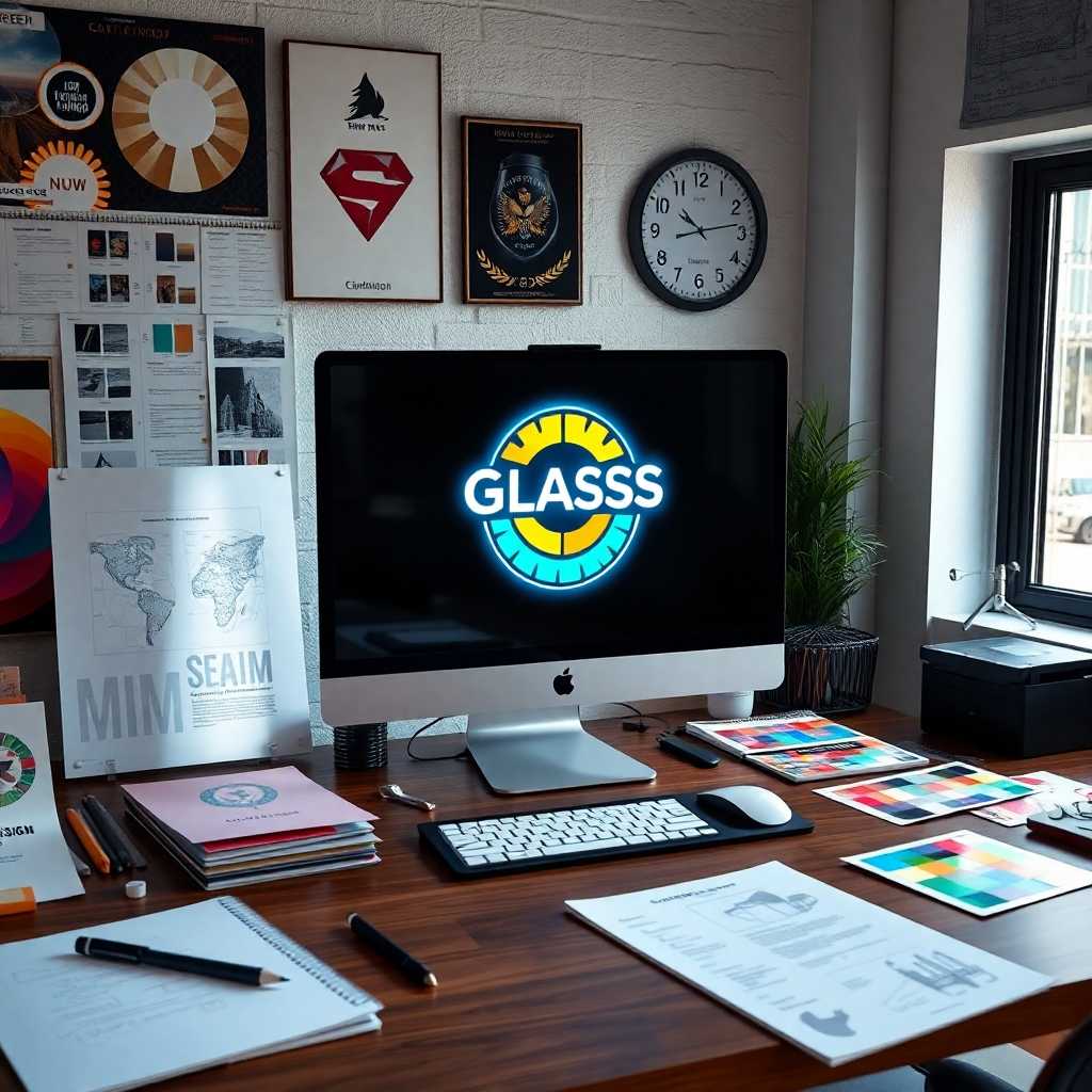 Generate a photorealistic image of a designer's workspace, featuring a computer screen displaying a vibrant logo design for a glass sign. Include design tools like sketch pads, color swatches, and samples of finished signs, highlighting an organized yet creative environment.
