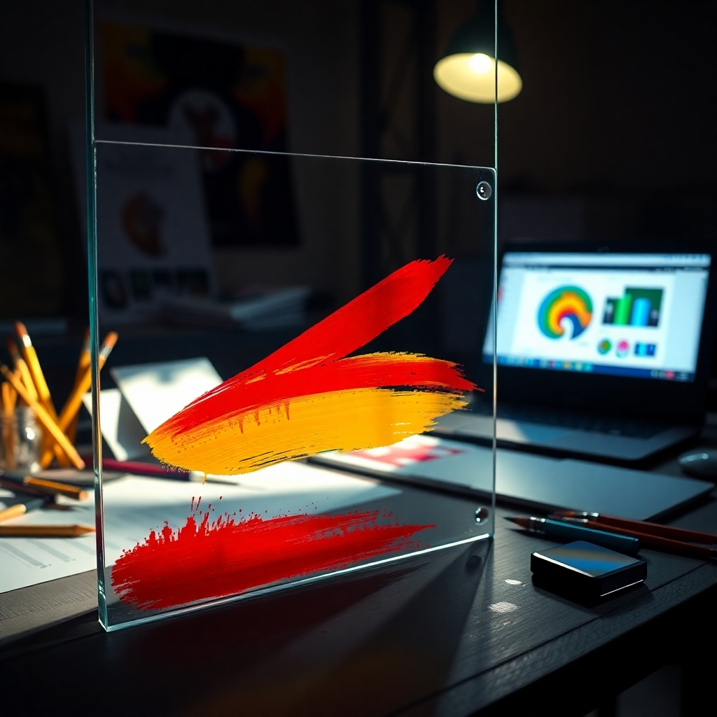 Generate a striking image of a designer's workspace featuring a vibrant logo concept created on a glass sheet. The logo, a combination of bold colors like deep red and bright yellow, is artistically painted on one side of the glass. The lighting in the scene is dramatic side lighting, casting interesting shadows and reflections on the surface. The background includes design tools such as brushes, color palettes, and a laptop displaying digital design software. The camera is positioned at an eye-level angle, capturing the texture of the glass and the meticulous brushwork. The environment reflects a creative and dynamic mood, filled with colors and artistic energy. Rendered in hyperrealistic detail at 8K resolution, this image should celebrate the art of logo design while showcasing the vibrancy of materials utilized in the process.