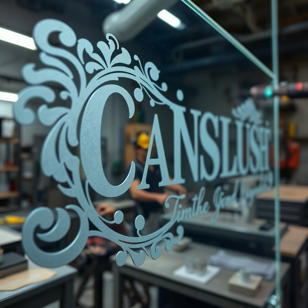 Show a close-up view of a beautifully etched glass sign featuring intricate designs and text. Display the process of sandblasting in the background, with tools and safety equipment, emphasizing the artistry and craftsmanship involved in creating bespoke glass signage.